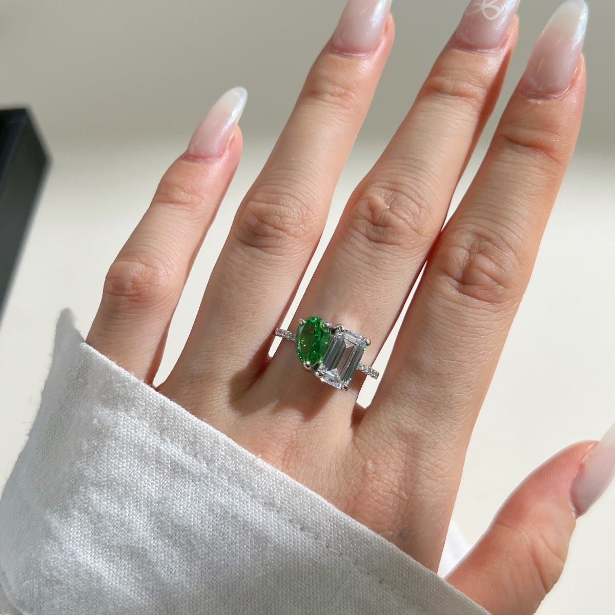 Green and White Zircon Stone Silver Ring