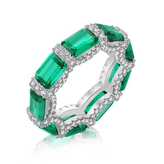 Green Stone Baguette-Cut Silver Band Ring