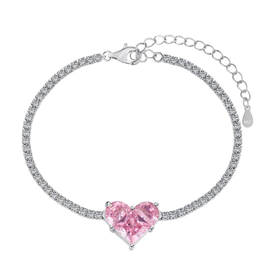 Silver Bracelet featuring Zirconia and a Pink Heart