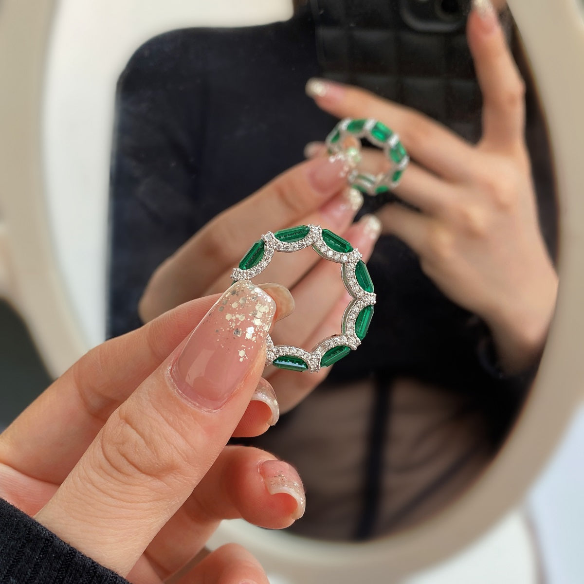 Green Stone Baguette-Cut Silver Band Ring