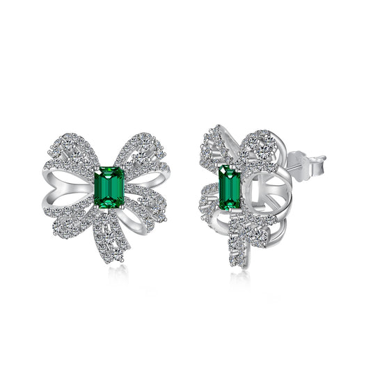 Green Zircon Bow: Sterling Silver Earrings